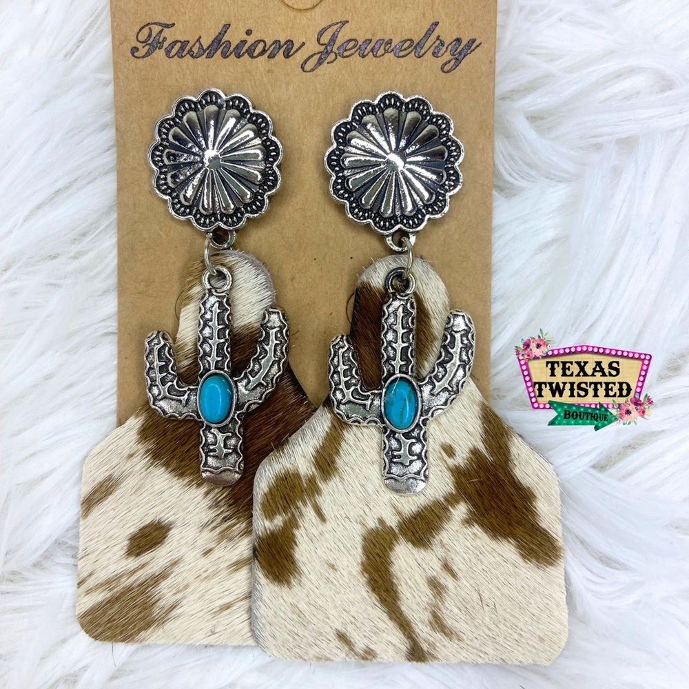 Brown Leather Cowhide Ear Tag Cactus Turquoise Stone Western Drop Earrings